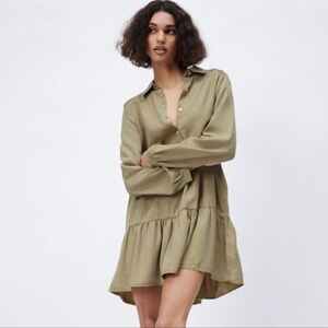 zara olive green shirt dress ZARA WOMAN'S FAUX LEATHER Olive Green SHIRT DRESS WITH BELT SIZE XS : NWT